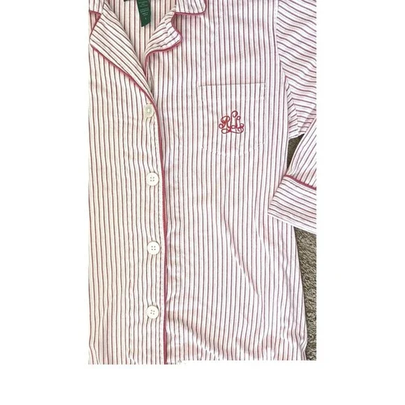 Lauren Ralph Lauren Pajama Top Women Sz Large Pink White Striped Button Pocket - Picture 4 of 6
